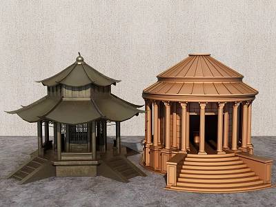 Chinese and Western Style Pavilions Featuring Classic Roofs and Columns Design 3d model