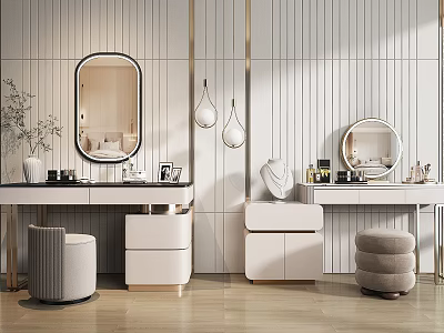 Modern Dressing Table Interior With Gold Accents Vertical Striped Walls Mirrors Stools And Decor Items 3d model