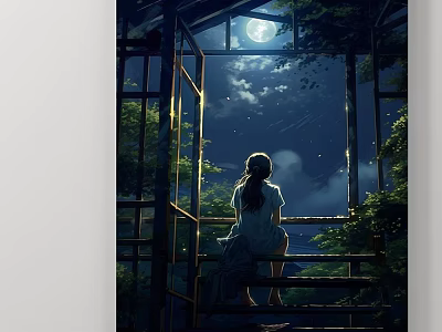 Abstract Painting of Girl Sitting by Window Watching Night Sky with Moon and Stars 3d model