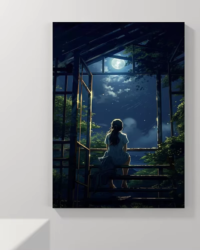 Abstract Painting of Girl Sitting by Window Watching Night Sky with Moon and Stars 3d model