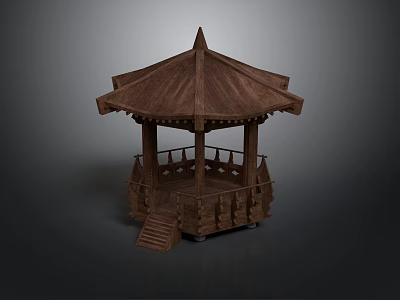 Traditional Wooden Gazebo With Pointed Roof Balustrade Staircase And Detailed Carvings 3d model