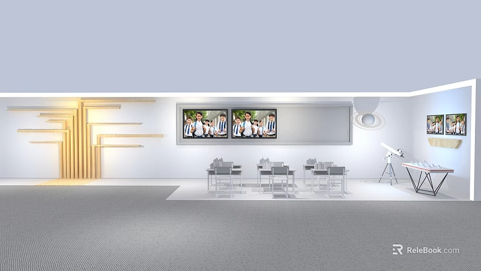 Modern Exhibition Space With White Chairs Wall Paintings Wooden Decor And Tripod Equipment 3d model 