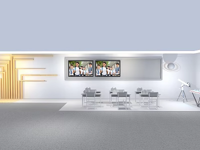 Modern Exhibition Space With White Chairs Wall Paintings Wooden Decor And Tripod Equipment 3d model