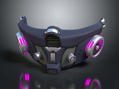 Firefighting Equipment Protective Mask In Modern Dark Blue Design With Purple Lights And Vents 3d model