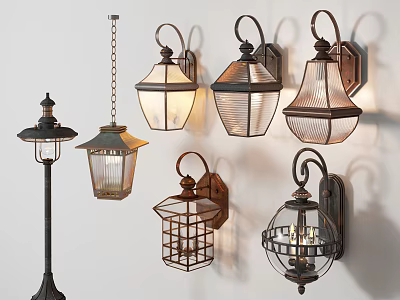 Vintage Style Wall Lamps With Metal Frames And Glass Shades 3d model