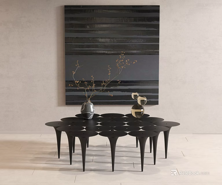 Modern Black Coffee Table With Geometric Legs And Decorative Items Against Abstract Wall Art 3d model 