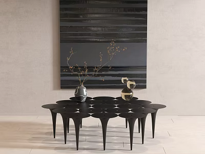 Modern Black Coffee Table With Geometric Legs And Decorative Items Against Abstract Wall Art 3d model