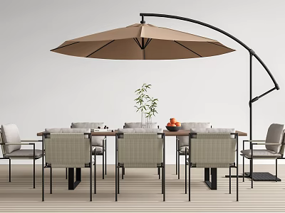 Outdoor Table with Curved Brown Umbrella Chairs Fruits and Green Plant on Patio 3d model