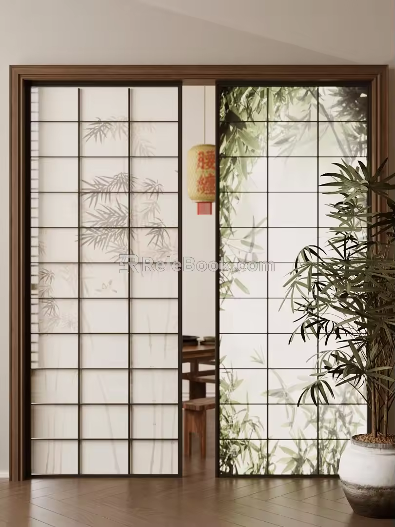 New Chinese-style sliding door Japanese-style sliding door wooden grille partition kitchen bathroom sliding door Chinese-style translucent sliding door translucent partition 3d model
