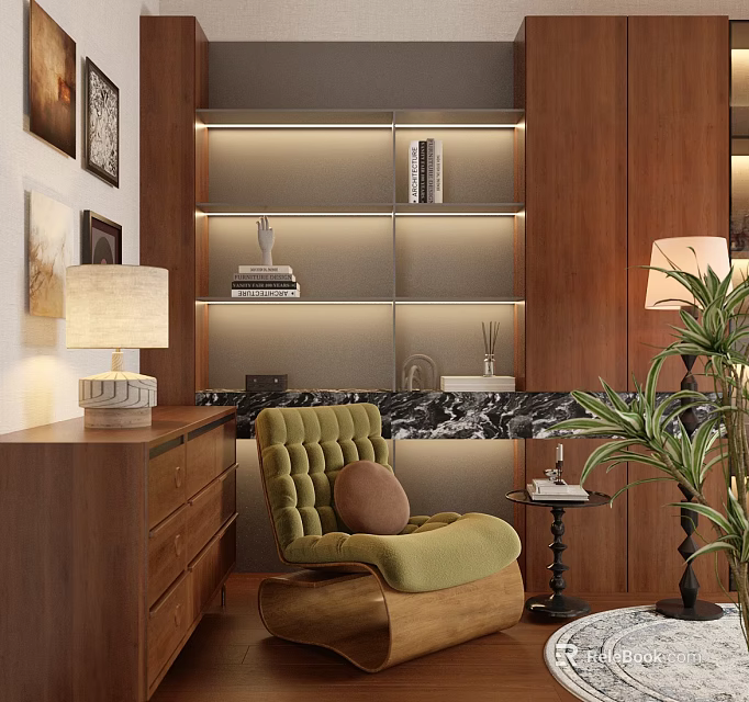 Modern Study Room Interior With Green Armchair Wooden Bookshelves And Wall Art 3d model 