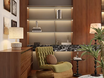 Modern Study Room Interior With Green Armchair Wooden Bookshelves And Wall Art 3d model
