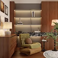 Modern Study Room Interior With Green Armchair Wooden Bookshelves And Wall Art