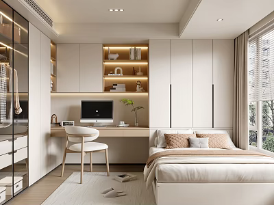 Modern Tatami Bedroom Interior Design With Storage Cabinets Desk Computer And Potted Plant 3d model
