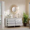 White Storage Cabinet With Drawers Golden Sunburst Mirror Table Lamp In Modern Bright Room