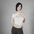 Woman In White Top Black Capri Pants And Red Sneakers With Different Poses