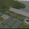 Scenic Landscape With Mountain Lake Dam Lush Green Spaces Buildings And Trees