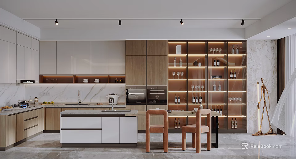 Modern Kitchen Interior With Wooden White Cabinets Island Counter And Warm Lighting Design 3d model 