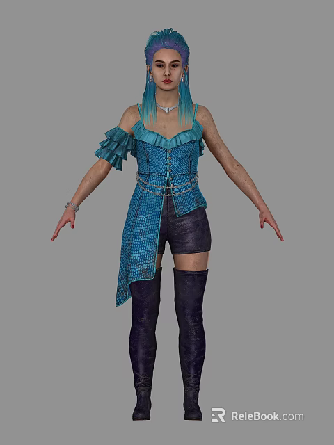 Woman with blue hair wearing blue corset with ruffles chains purple shorts knee high boots 3d model 