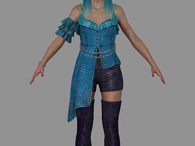 Woman with blue hair wearing blue corset with ruffles chains purple shorts knee high boots 3d model