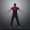 3D Character Model In Black T Shirt With Red Spider Design And Masked Face