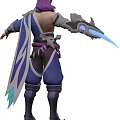 Fantasy Game Character In Blue Purple Outfit With Mechanical Arm