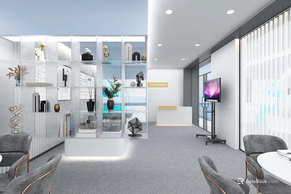 Elegant Modern Reception Interior Design With Glass Display Cabinets Decorative Items And Gray Chairs 3d model 