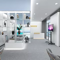 Elegant Modern Reception Interior Design With Glass Display Cabinets Decorative Items And Gray Chairs