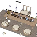Natural Wood Tea Table with Round Stools and Tea Accessories on Woven Rug