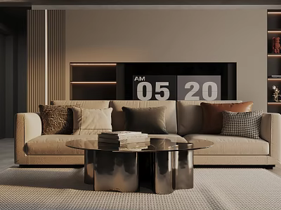 Beige Three Seater Sofa With Decorative Pillows And Round Coffee Table In Living Room Interior 3d model