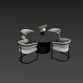 Modern Round Marble Top Dining Table Set with Light Green Chairs and Striped Gold Legs