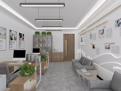 Modern Office Interior With Work Desks Computers Green Plants Sofa And Wall Decorations 3d model