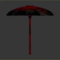 Outdoor Patio Furniture Umbrella With Red And Black Patterned Canopy And Red Handle
