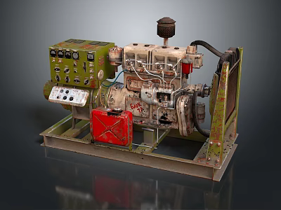 Vintage Diesel Generator With Control Panel Red Fuel Tank And Metal Frame 3d model