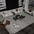 Contemporary Living Room Sofa and Coffee Table Set With Beige Upholstery Glass Top and Area Rug