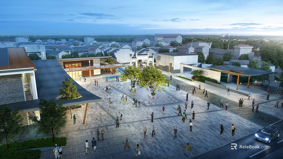 Ancient Architecture Plaza With People Activities And Traditional Surrounding Buildings 3d model 