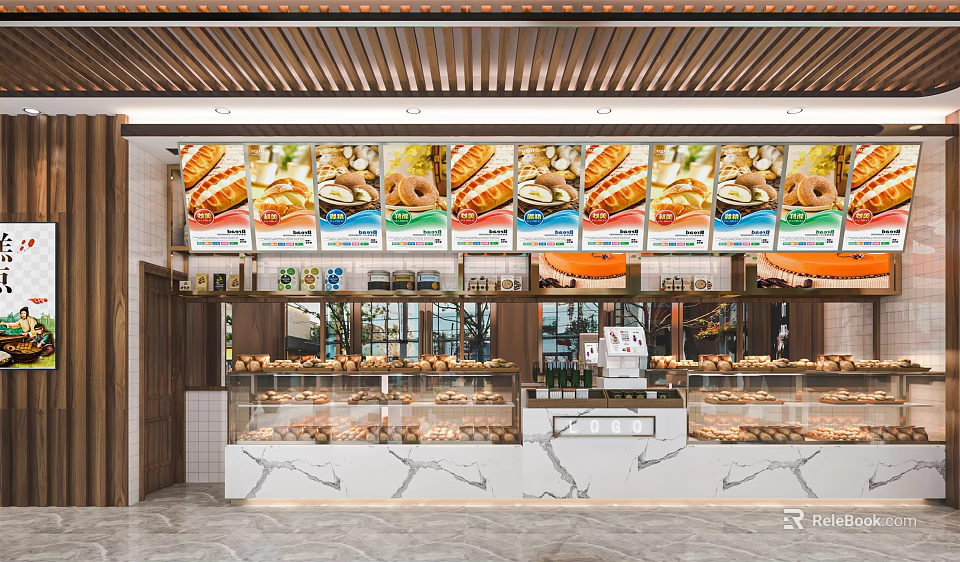 Dessert Shop Interior With Glass Display Cases Fresh Pastries And Colorful Menu Posters 3d model 