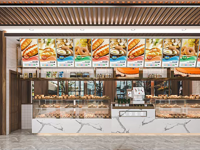 Dessert Shop Interior With Glass Display Cases Fresh Pastries And Colorful Menu Posters 3d model