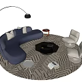 Curved Blue Sofa Coffee Table Set with Beige Chairs Floor Lamp and Geometric Pattern Rug