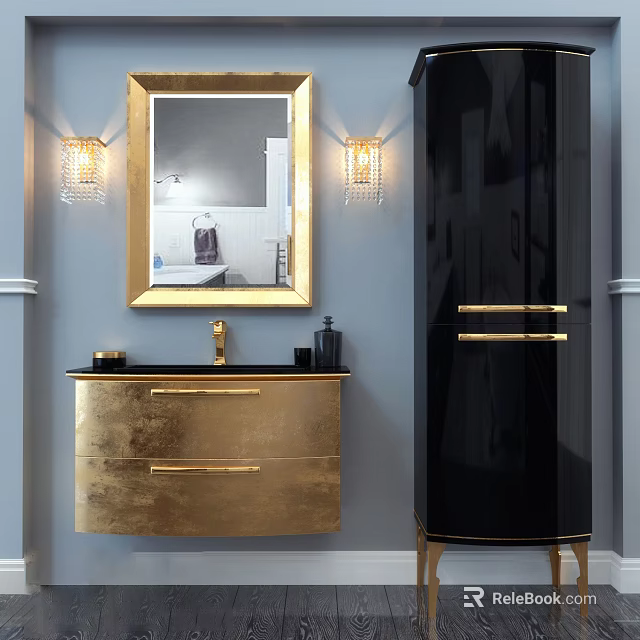 Golden Bathroom Vanity With Black Countertop Gold Framed Mirror Wall Sconces And Black Cabinet 3d model 