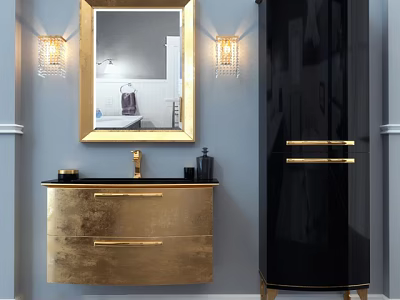 Golden Bathroom Vanity With Black Countertop Gold Framed Mirror Wall Sconces And Black Cabinet 3d model