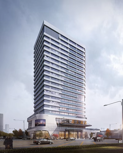 Modern High Rise Office Building With Glass Facade And Floor To Ceiling Windows Design 3d model