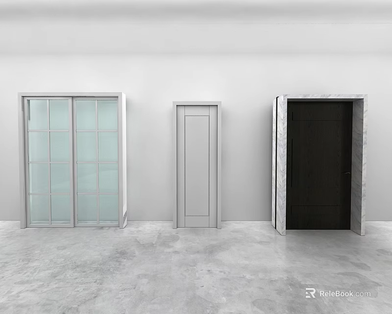 White Hinged Door Between Sliding Glass Door And Black Marble Frame Door On White Wall 3d model 