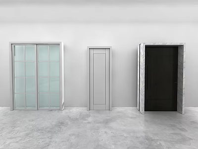 White Hinged Door Between Sliding Glass Door And Black Marble Frame Door On White Wall 3d model