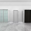White Hinged Door Between Sliding Glass Door And Black Marble Frame Door On White Wall