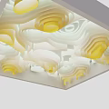 Modern Layered Ceiling Design With Yellow And White Wavy Circular Patterns And Soft Lighting Effects