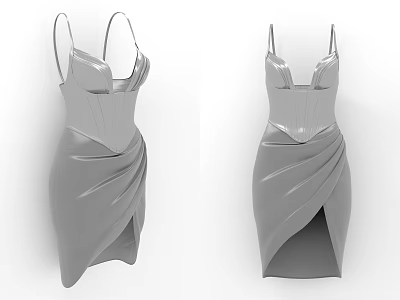 Gray Spaghetti Strap Dresses with Fitted Waist Ruched Details and Side Slit 3d model