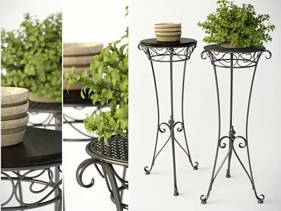 Potted Green Plants On Decorative Metal Stands With Curved Designs And Stacked Bowls 3d model