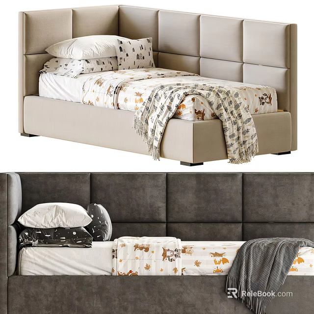 Stylish Modern Bed Design With Tufted Headboard Patterned Pillows And Knitted Blanket 3d model 