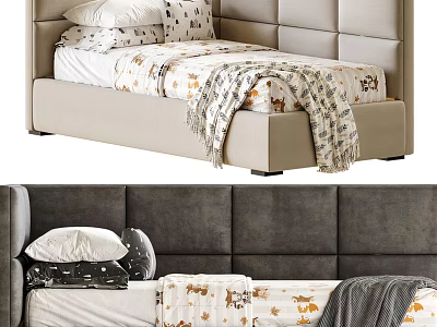 Stylish Modern Bed Design With Tufted Headboard Patterned Pillows And Knitted Blanket 3d model
