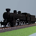 Black Steam Train Model on Railway Track with Green Grass and Gray Sky